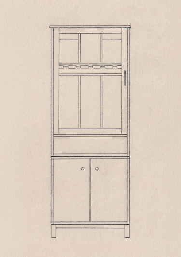 A minimalist line drawing of a tall wooden guitar cabinet with a glass-front upper section and humidifier below