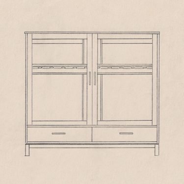 A minimalist line drawing of a two-door guitar display cabinet two drawers at the bottom