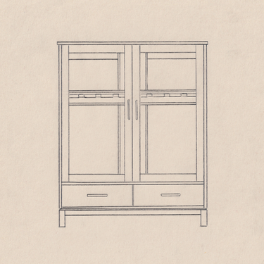A minimalist line drawing of a tall guitar display case