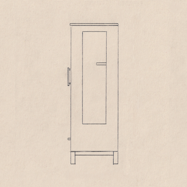 A minimalist line drawing of a tall guitar display cabinet