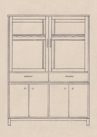 A minimalist line drawing of a tall wooden guitar display cabinet with upper doors, two middle drawers, and two lower doors, shown on a light beige background.