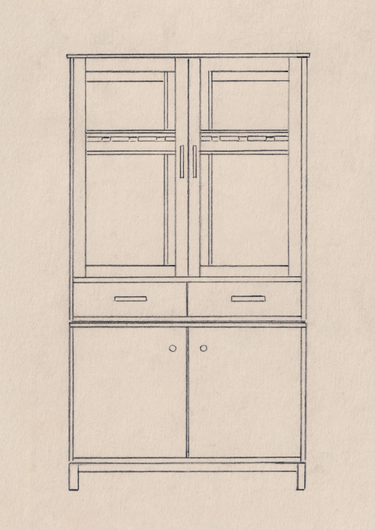 A minimalist line drawing of a tall wooden guitar humidor with two upper glass-front doors, two middle drawers, and two lower cabinet doors