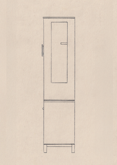 A minimalist line drawing of a tall wood guitar storage cabinet or with a door and lower panel