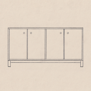 A minimalist line drawing of a four-door music room furniture cabinet