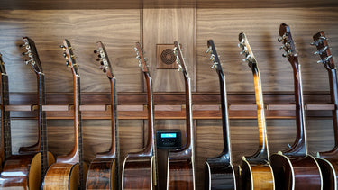 close up of climate controlled guitar display case by american music furniture